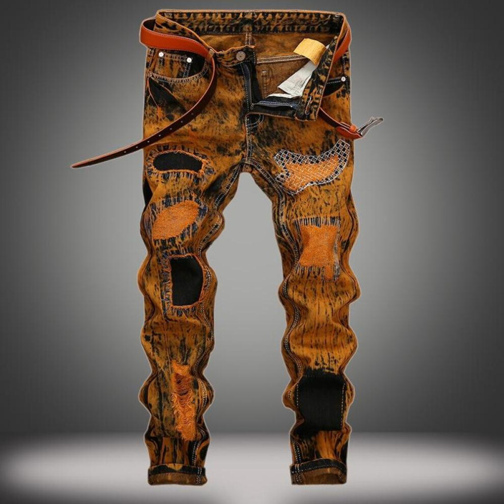 (orange, 34) Men Retro Jeans Personality Hole Patch Slim Straight Jeans Pants For Male Plug Size 28-42