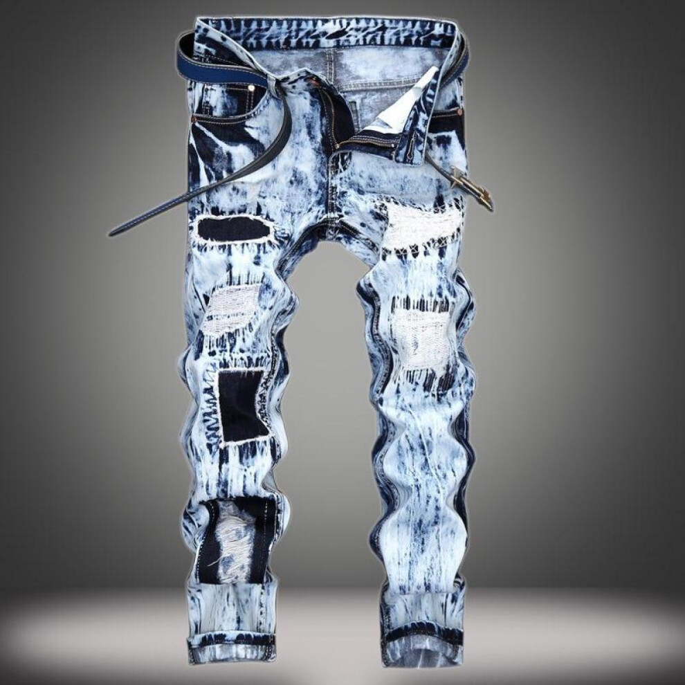 (light blue, 33) Men Retro Jeans Personality Hole Patch Slim Straight Jeans Pants For Male Plug Size 28-42