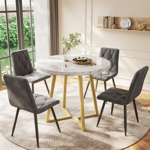 80*80*75cm, Modern Metal Frame Marble Pattern Round Table, Gold Stand