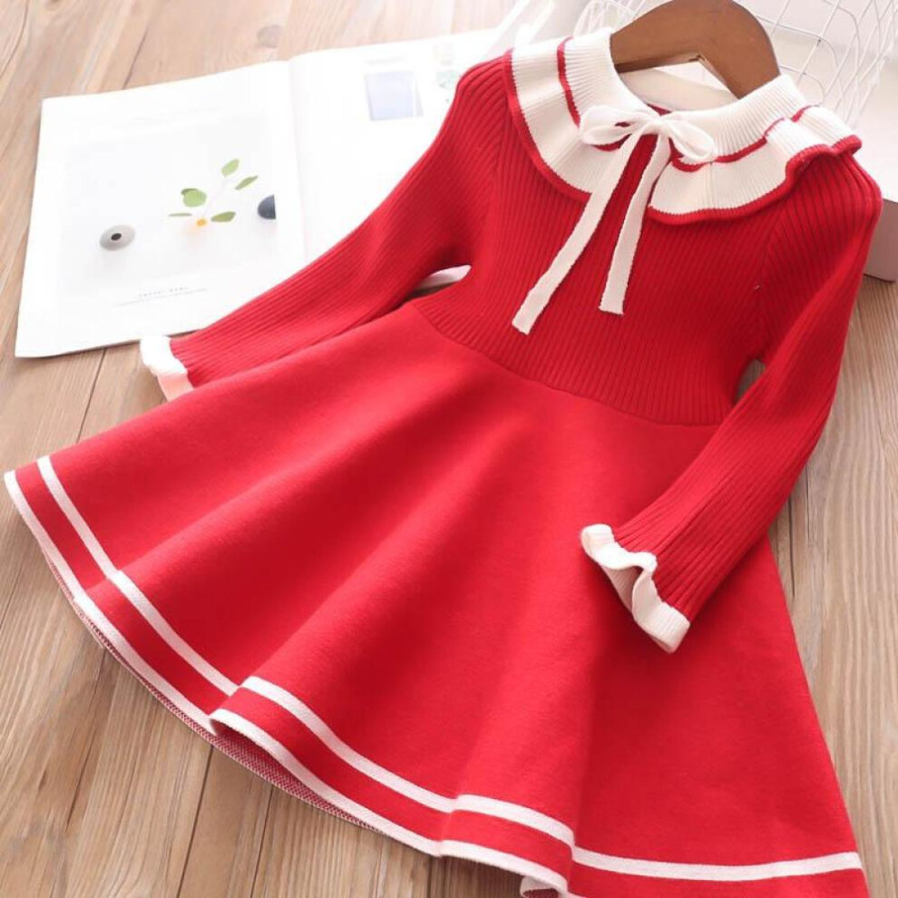 (red, 5T) Autumn Kids Dresses For Girls Fashion Little Girls Costume Warm Knit Sweater Dress Cute School Clothes