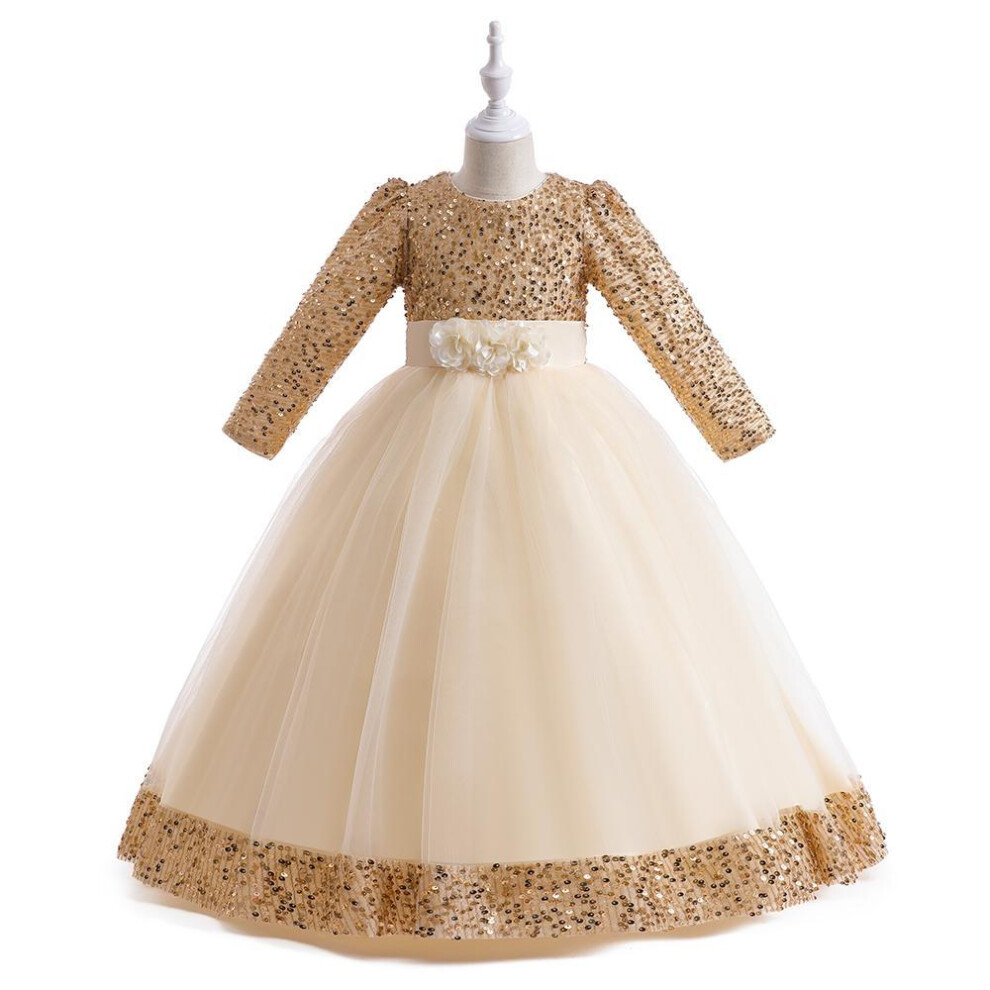 (champagne, 160CM) Summer Sequin Christmas Kids Party Dresses For Girls Bridemaid Costume Long Sleeve Prom Princess Dress Wedding Evening Gown