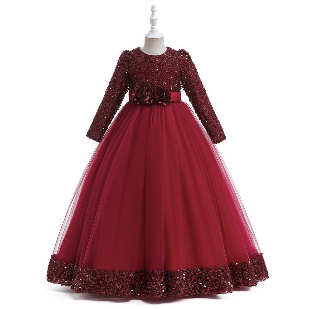 (dark red, 150CM) Summer Sequin Christmas Kids Party Dresses For Girls Bridemaid Costume Long Sleeve Prom Princess Dress Wedding Evening Gown