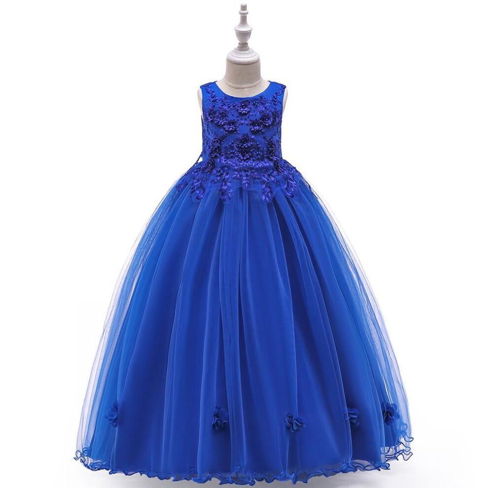 (royal blue, 150) Lace Beaded Applique Long Ball Gown Kids Dress Girl Party Elegant Teenager Formal Wedding Dresses