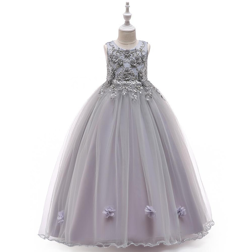 (gray, 150) Lace Beaded Applique Long Ball Gown Kids Dress Girl Party Elegant Teenager Formal Wedding Dresses