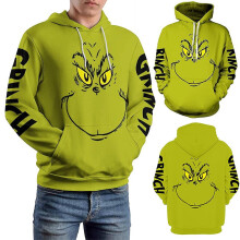 (5XL) Plus Size Adults Christmas Grinch Print Hoodies Green Monster Hooded Pullover Casual Tops Gifts