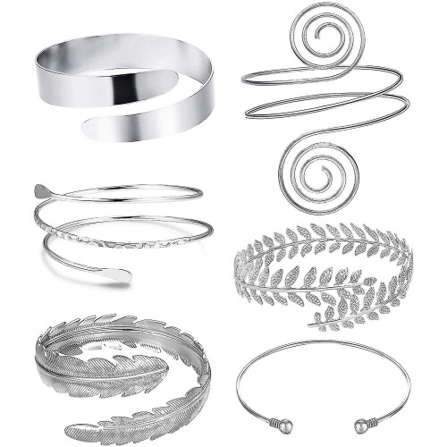 (Silver) 6 Pcs Arm Cuffs, Upper Arm With Cuff Bracelets,adjustable Armband Set