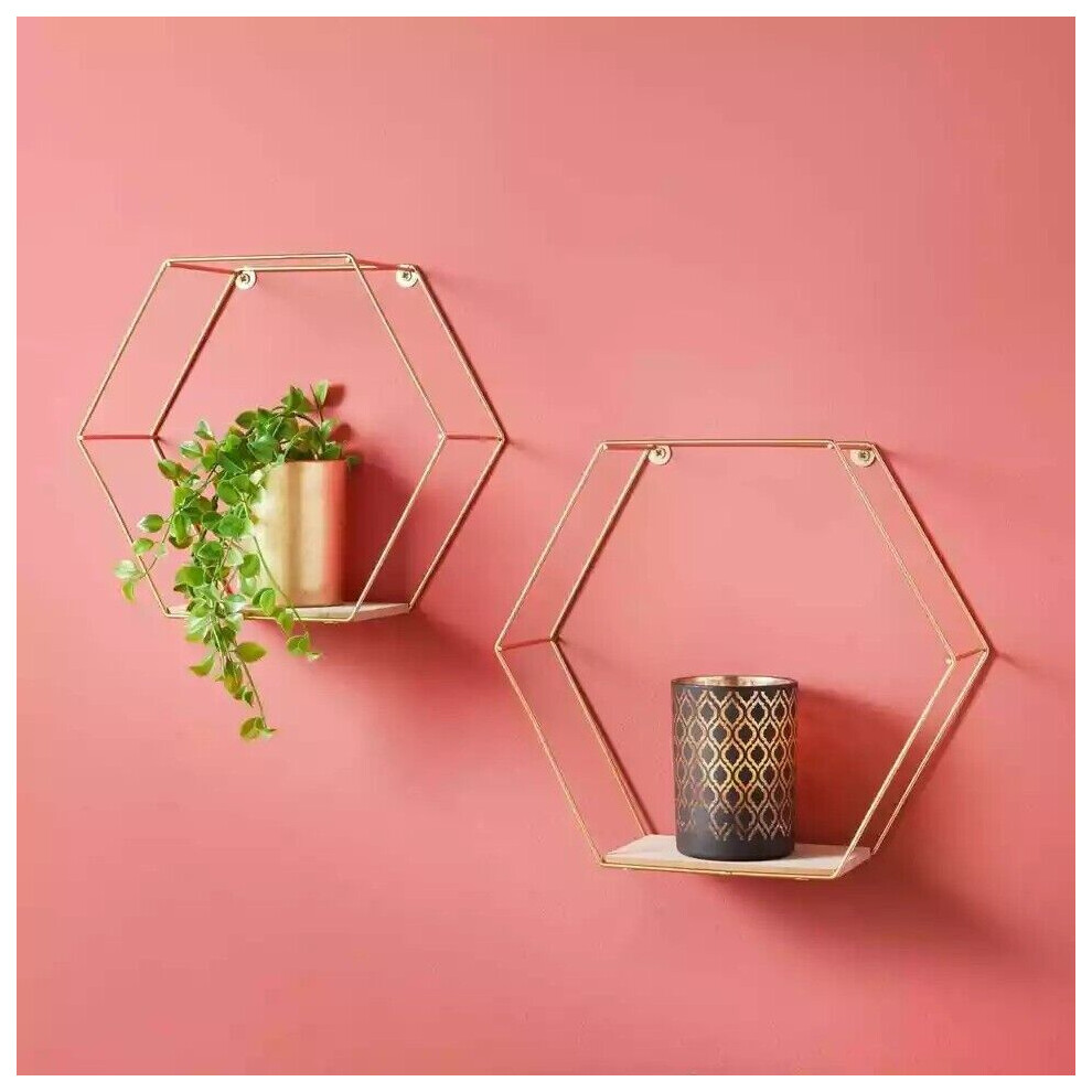 Metal Wire Floating Hexagon Multi Wall Shelf Home Decor Set of 2 GOLD