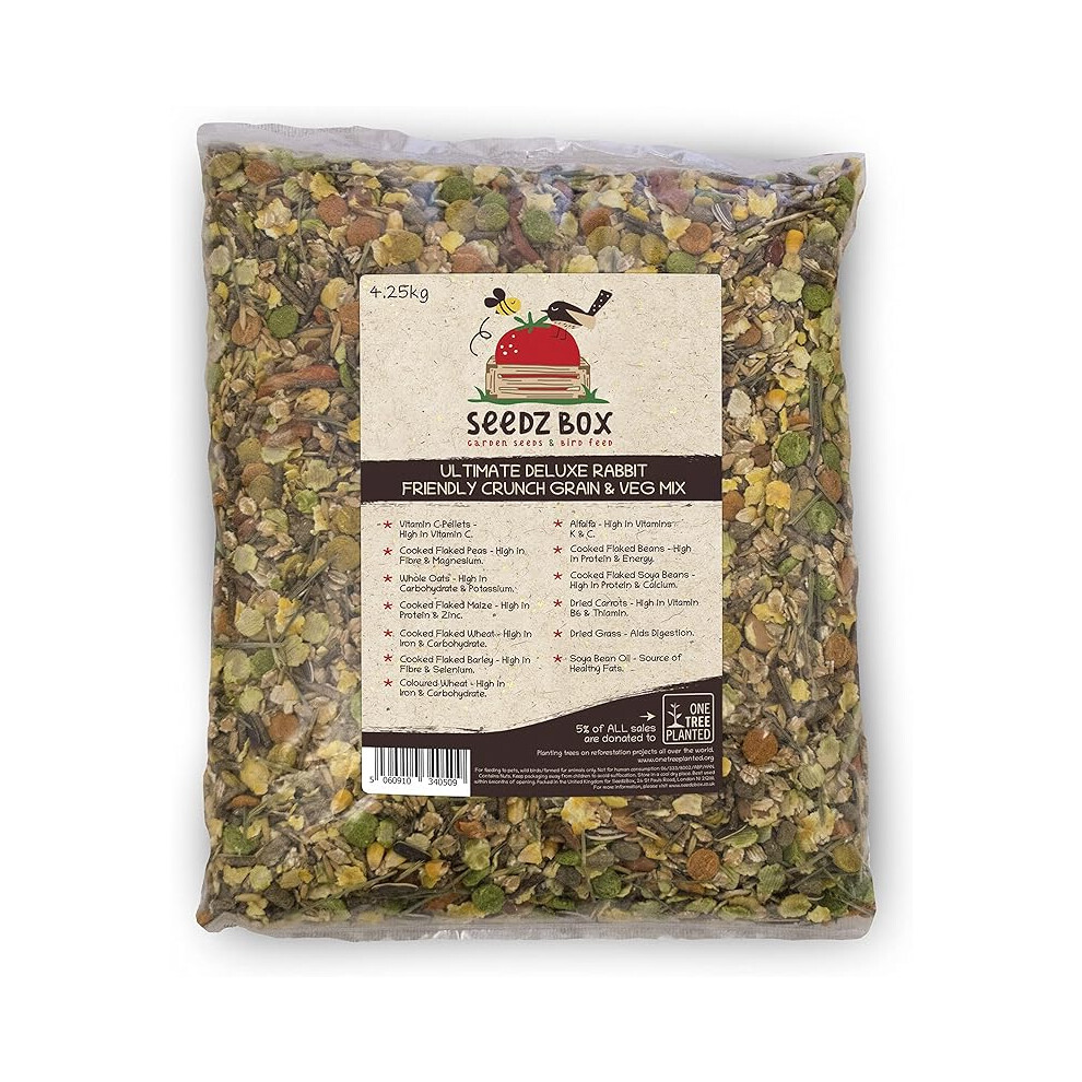 Seedzbox Rabbit Food 4.25Kg Crunch Grain Vegetable Feed Mix Rabbit Food Natural Feed Bunnies Dried Grass Oats Carrots High In Fibre And Healthy Fats