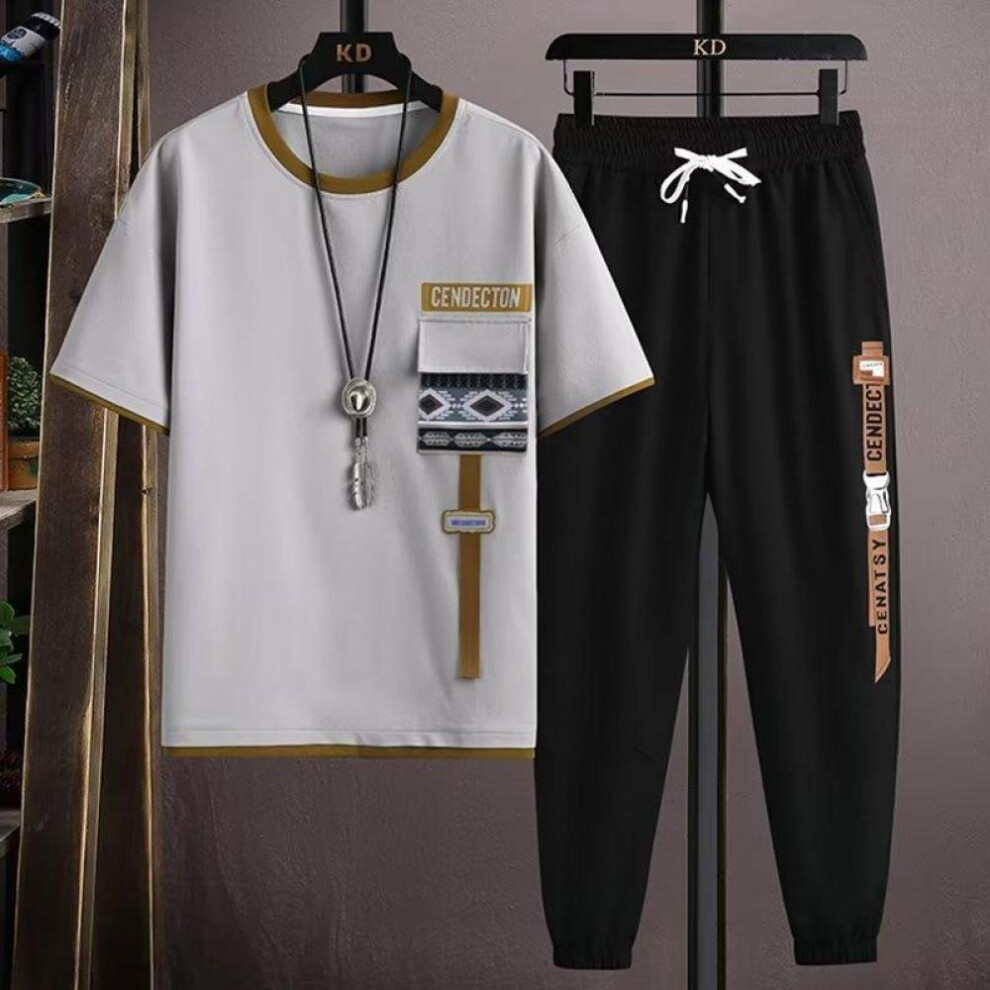 (grey, 4XL) New Plus Size Mens Joggers Set Korean Fashion Outfit Suits Print T-shirt Multi-pocket Cargo Pants 2 Piece Set Summer Mne Clothing