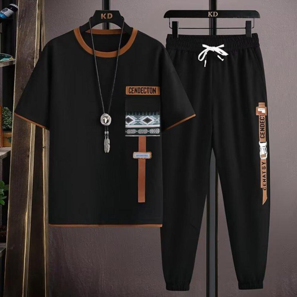 (black, L) New Plus Size Mens Joggers Set Korean Fashion Outfit Suits Print T-shirt Multi-pocket Cargo Pants 2 Piece Set Summer Mne Clothing