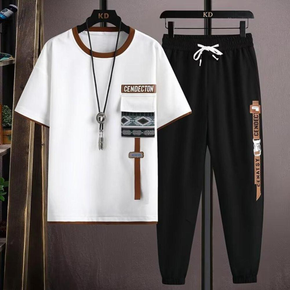 (white, L) New Plus Size Mens Joggers Set Korean Fashion Outfit Suits Print T-shirt Multi-pocket Cargo Pants 2 Piece Set Summer Mne Clothing
