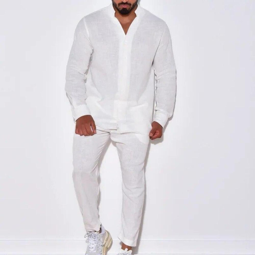 (white, L) Mens Sets Linen Spring Autumn Leisure Suit Long Sleeve Shirts And Trousers Two Piece Sets Fashion Men Clothing