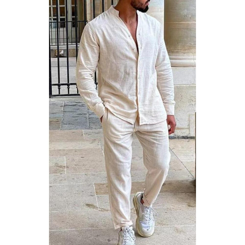 (beige, XXXL) Mens Sets Linen Spring Autumn Leisure Suit Long Sleeve Shirts and Trousers Two Piece Sets Fashion Men Clothing