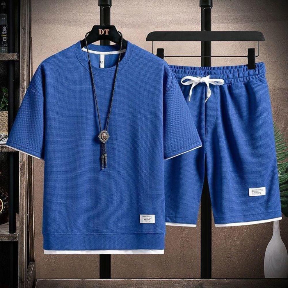(blue, M) Men&apos;s Waffle Summer Sets  Casual T-shirt+shorts Set Male Sports Suit Solid Color Tracksuit Loose Suits