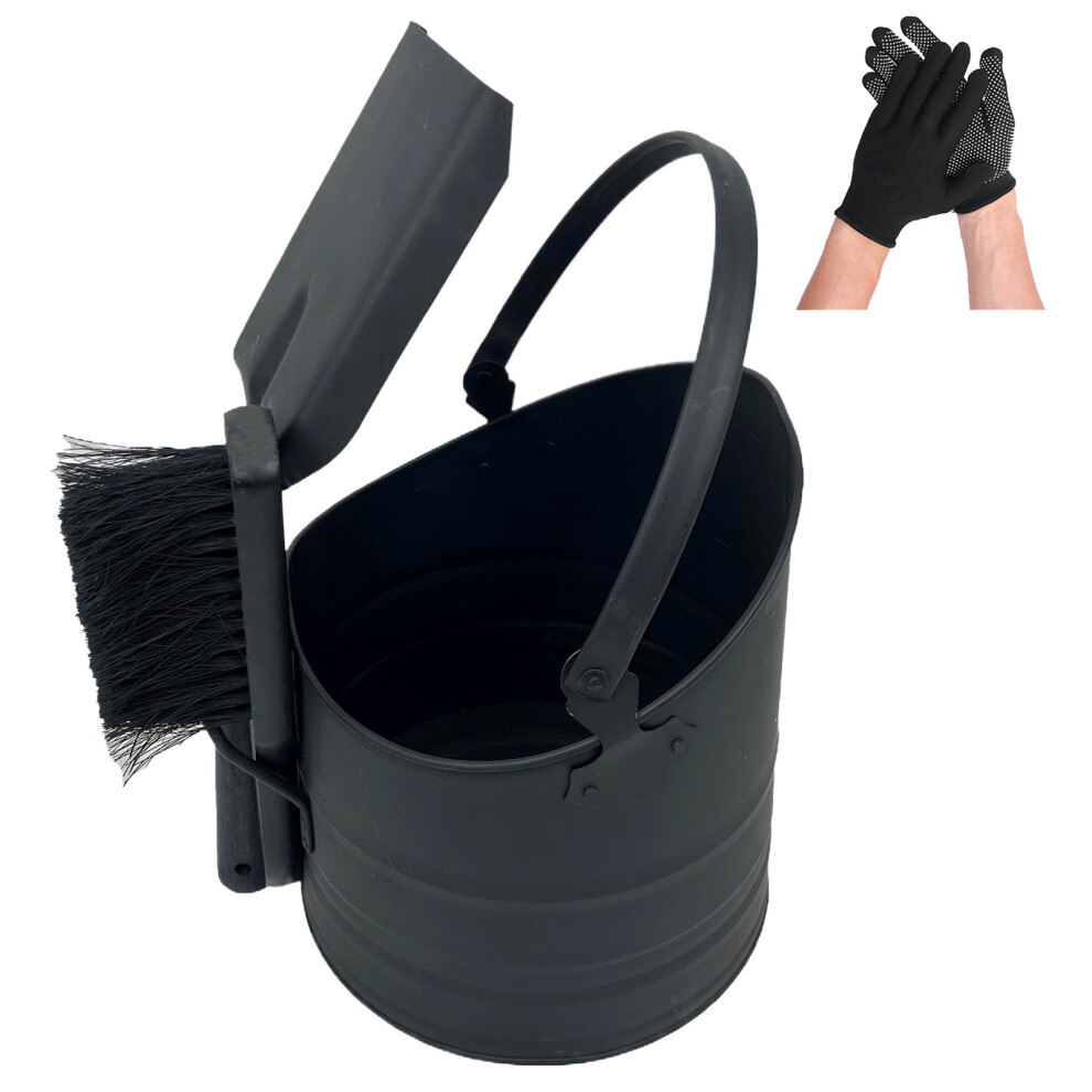 Metal 10L Coal Bucket Brush Shovel Set Charcoal Bin Ash Scuttle Hod