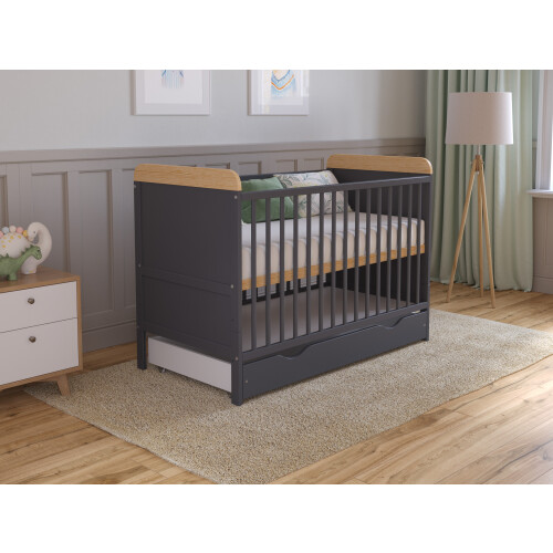 (Anthracite/Pine) Levi Cot Bed 120x60cm with drawer and Microfiber Quilted mattress