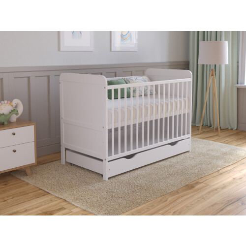 (White) Levi Cot Bed 120x60cm with drawer and Microfiber Quilted mattress