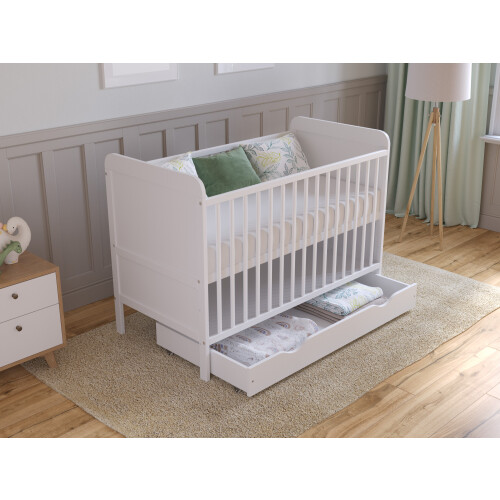 (White) Levi Cot Bed 120x60cm with drawer and Microfiber Quilted mattress 2