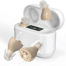 (Beige) Invisible In-Ear Hearing Aids with Charging Case - 2-Channel Sound OTC Hearing Aids for Seniors, Digital Display