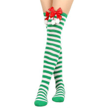 (Green And White) Striped/solid Long Stockings Christmas Pompom Bowknot Long Socks Thigh High Socks Over The Knee Socks Xmas-Good
