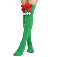 (Green) Striped/solid Long Stockings Christmas Pompom Bowknot Long Socks Thigh High Socks Over The Knee Socks Xmas-Good