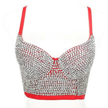 (36B, Red) Women's Lace Rhinestone Bustier Crop Top, Sexy Corset Top Bra