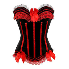 (M, 8068 Red) Sexy Satin Lace Overlay Corset Bustier Overbust Burlesque Corselet Top Bodyshaper Lingerie Showgirl Party Costume Plus Size