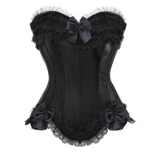 (L, Black) Sexy Satin Lace Overlay Corset Bustier Overbust Burlesque Corselet Top Bodyshaper Lingerie Showgirl Party Costume Plus Size