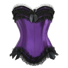 (XL, Purple) Sexy Satin Lace Overlay Corset Bustier Overbust Burlesque Corselet Top Bodyshaper Lingerie Showgirl Party Costume Plus Size