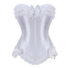 (XXL, White) Sexy Satin Lace Overlay Corset Bustier Overbust Burlesque Corselet Top Bodyshaper Lingerie Showgirl Party Costume Plus Size