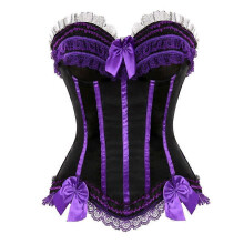 (XXL, 8068 Purple) Sexy Satin Lace Overlay Corset Bustier Overbust Burlesque Corselet Top Bodyshaper Lingerie Showgirl Party Costume Plus Size