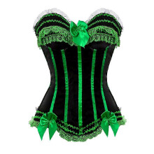 (XXXL, 8068 Green) Sexy Satin Lace Overlay Corset Bustier Overbust Burlesque Corselet Top Bodyshaper Lingerie Showgirl Party Costume Plus Size