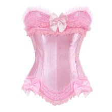 (4XL, Pink) Sexy Satin Lace Overlay Corset Bustier Overbust Burlesque Corselet Top Bodyshaper Lingerie Showgirl Party Costume Plus Size