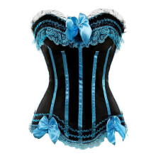 (4XL, 8068 light blue) Sexy Satin Lace Overlay Corset Bustier Overbust Burlesque Corselet Top Bodyshaper Lingerie Showgirl Party Costume Plus Size