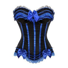 (5XL, 8068 Blue) Sexy Satin Lace Overlay Corset Bustier Overbust Burlesque Corselet Top Bodyshaper Lingerie Showgirl Party Costume Plus Size