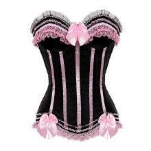 (5XL, 8068 Pink) Sexy Satin Lace Overlay Corset Bustier Overbust Burlesque Corselet Top Bodyshaper Lingerie Showgirl Party Costume Plus Size