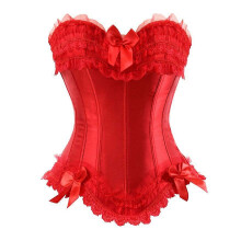 (6XL, Red) Sexy Satin Lace Overlay Corset Bustier Overbust Burlesque Corselet Top Bodyshaper Lingerie Showgirl Party Costume Plus Size
