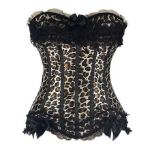 (6XL, Leopard print) Sexy Satin Lace Overlay Corset Bustier Overbust Burlesque Corselet Top Bodyshaper Lingerie Showgirl Party Costume Plus Size