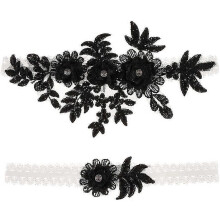 (Black) 2 Pieces Elastic Garters With Rhinestone Flower Lace
