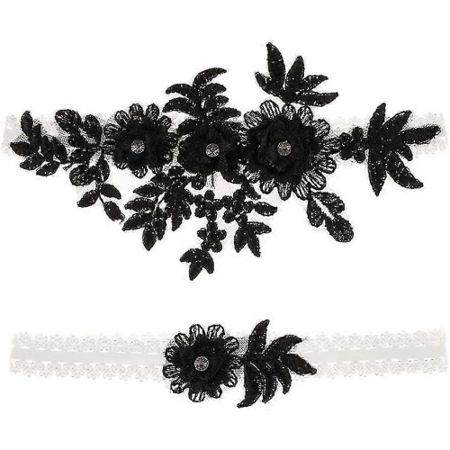 (Black) 2 Pieces Elastic Garters With Rhinestone Flower Lace