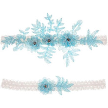 (Sky Blue) 2 Pieces Elastic Garters With Rhinestone Flower Lace
