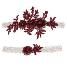 (Wine Red) 2 Pieces Elastic Garters With Rhinestone Flower Lace