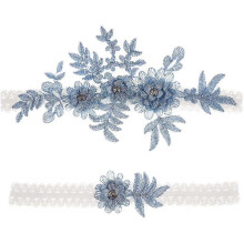 (Blue) 2 Pieces Elastic Garters With Rhinestone Flower Lace