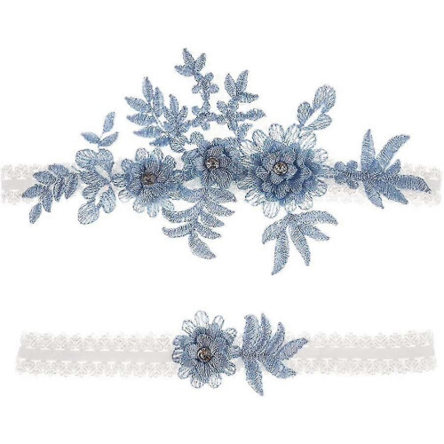 (Blue) 2 Pieces Elastic Garters With Rhinestone Flower Lace