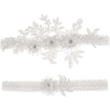 (White) 2 Pieces Elastic Garters With Rhinestone Flower Lace