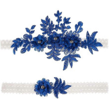 (Royal Blue) 2 Pieces Elastic Garters With Rhinestone Flower Lace