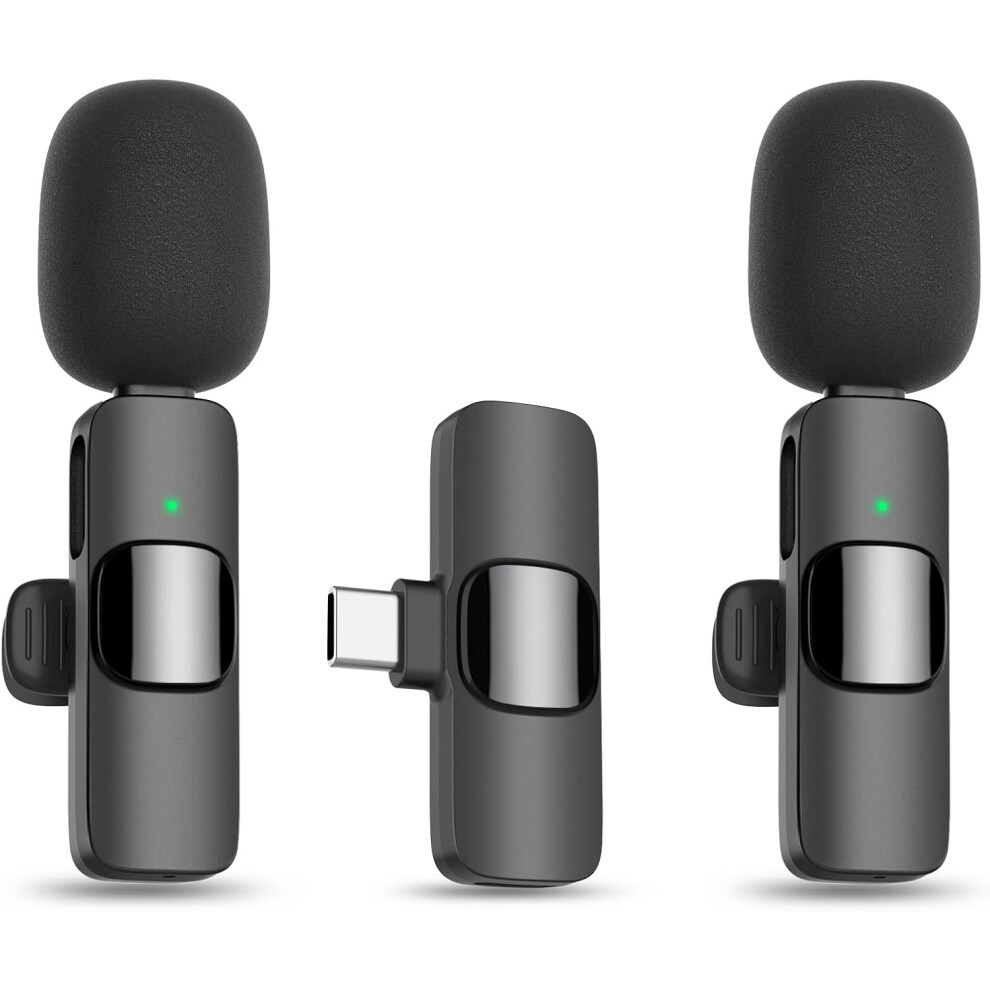 Wireless Lavalier Lapel Microphone for iPhone 15 Series/Android/Computer - Bluetooth Mini Phone Microphones - 2 Clip on Mics with USB C Interface