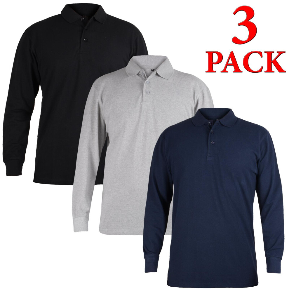 (3 Pack - Assorted, M) Mens Polo Shirt Plain Casual Breathable LongSleeve