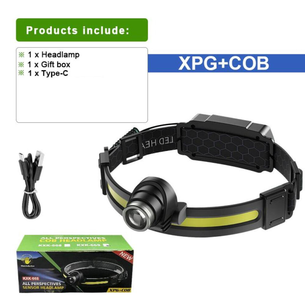 (black, built in battery) Powerful Led Headlamp Xpg Cob Sensor Head Lamp Light Built In 1200mah Battery With Type-c Charging