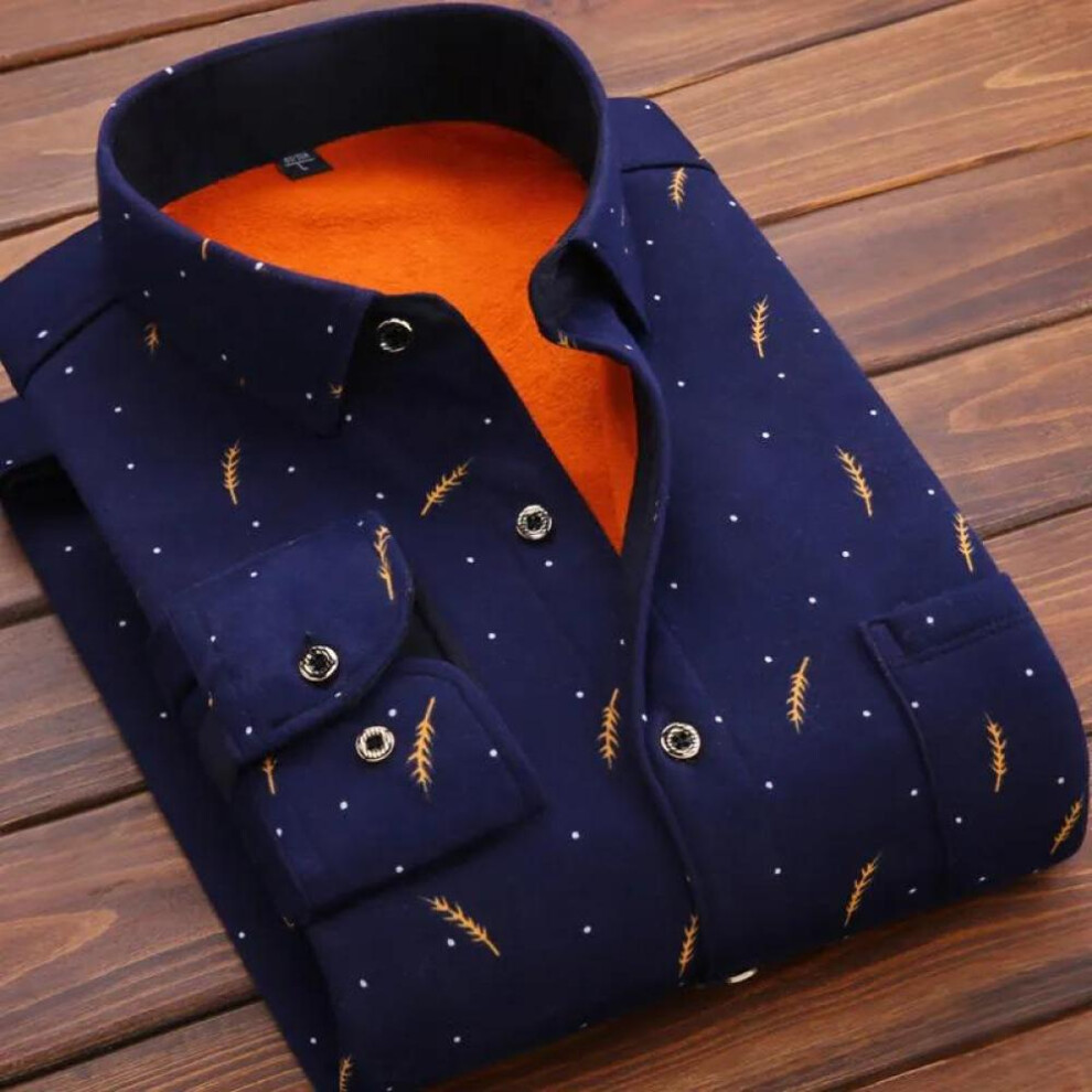 (dark blue, XL) Men&apos;s Winter Warm Long Sleeve Plaid Shirts Flannel Fur Lined Thick Formal Shirts Fleece Casual Shirt For Men Dress Shirts